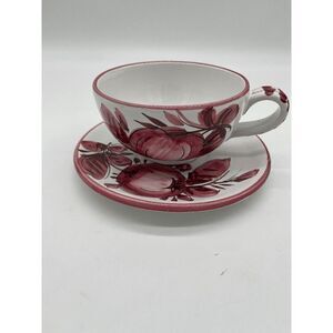 Ceramic Cup and Saucer Italian Pottery Hand Painted Large Cup Multicolored